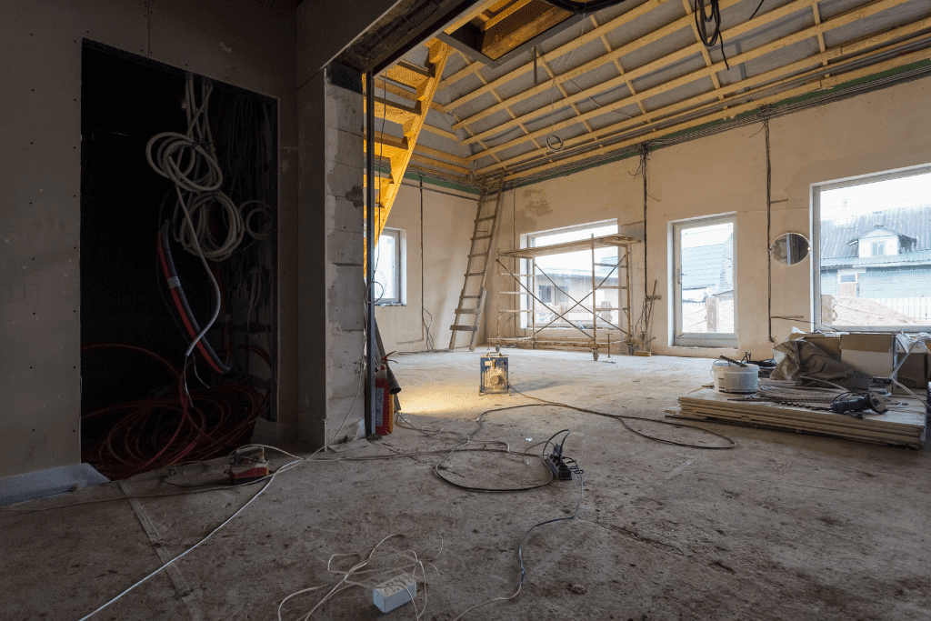 Room under renovation with construction tools and materials.